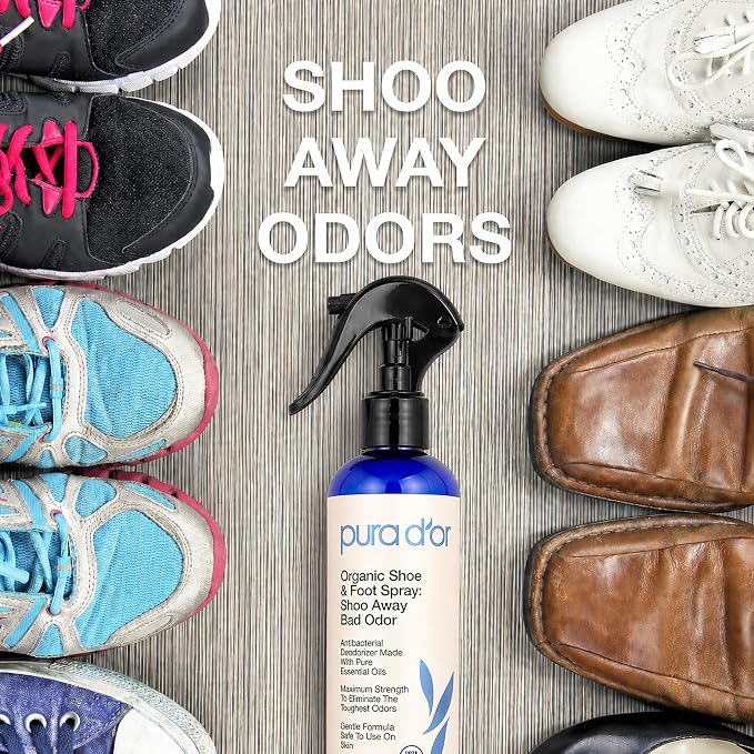 PURA D'OR Organic Shoe & Foot Odor Eliminator Spray (8oz) Deodorizes & Removes Bad Smells with Eucalyptus, Peppermint, Tea Tree, Lemongrass Essential Oil, Maximum Strength (Packaging may vary)