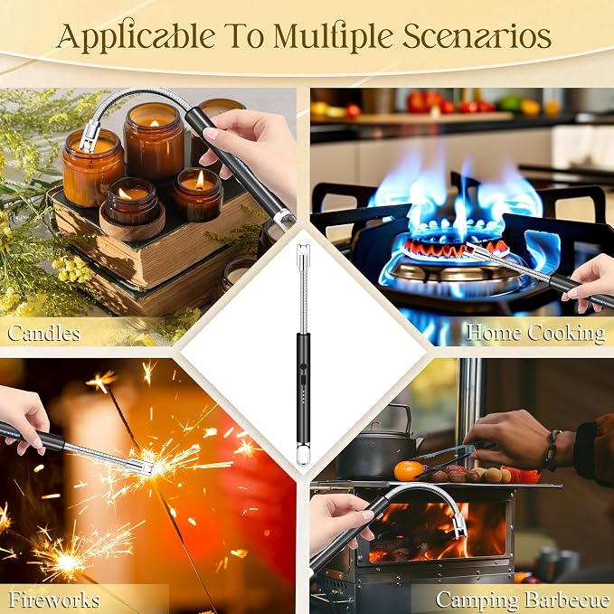 Electric Lighter, Candle Lighter Flameless Windproof with 360° Flexible Neck & LED Power Display, Type C Arc Rechargeable Lighters for BBQ, Camping, Cooking, Gift for Christmas, Thanksgiving, Birthday