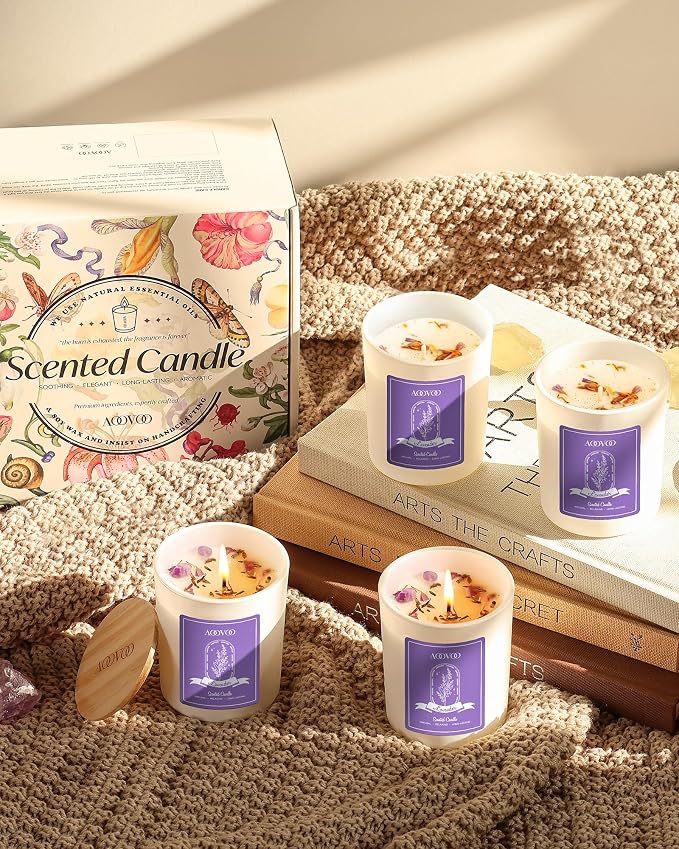 AOOVOO Lavender Candles Set for Women - 4 Pack Candles for Home Scented, Aromatherapy Candle with Crystals Inside, 28 oz 200 Hour Long Lasting, Birthday Gifts Mothers Day Candle for Women Mom