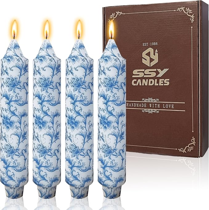 7 Inch Blue and White Taper Candles Short Chunky Candle Sticks Handmade Unscented Smokeless Chinoiserie Floral Thick Candles for Nautical Ceremony Dining Table Everyday Meals Family Dinner Elegance