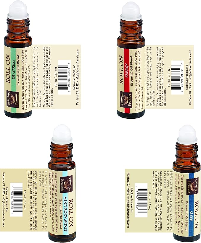 Fabulous Frannie Roll On Mind Body Soul Kit - All Natural Ingredients and 100% Pure Essential Oils -This Kit Includes De-Stress, Energy, MBS and Sleep roll-ons