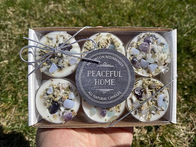 New Moon Beginnings Peaceful Home Candle - Stress Relief - Energy Clearing - All Natural Essential Oil Soy Tealight Candle (Herbal, Minty, Cool, Fresh - Eucalyptus, Mint - 6 Pack)