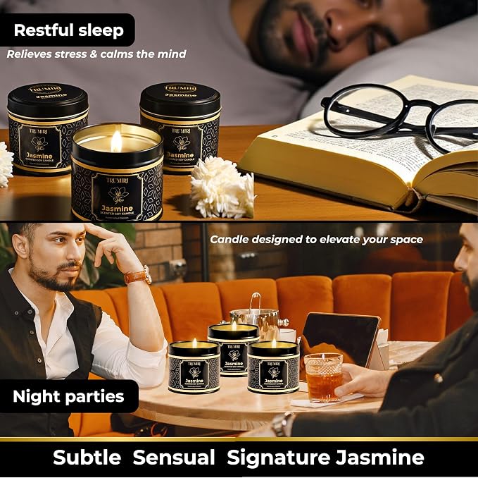 Jasmine Candle Strong Scented Soy Candel Clean Non Toxic Velas Aromáticas for Women Gift for Diwali Pack of 3 5Oz Decorative Tin Jars with Lids