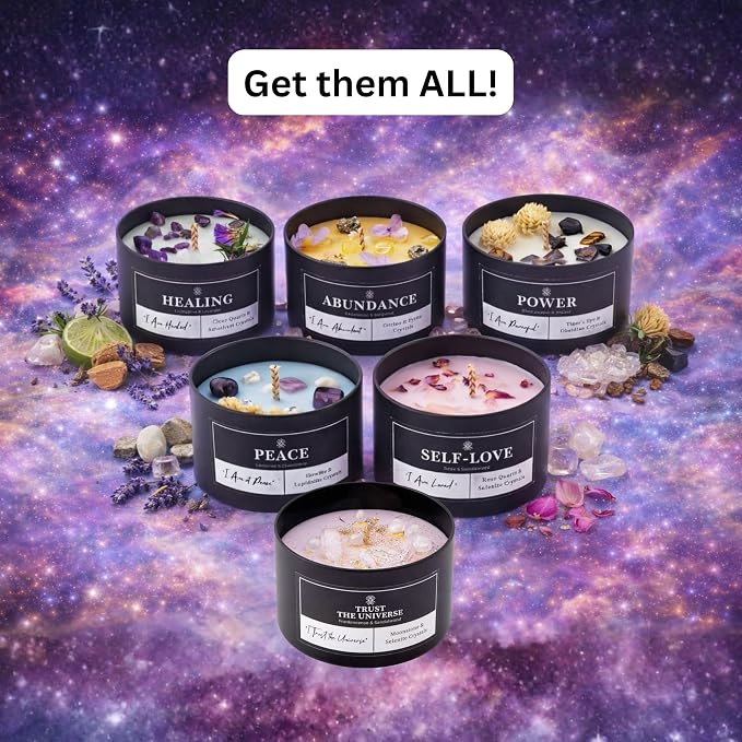 Trust the Universe Crystal Candle, 8oz Soy Wax with Moonstone & Selenite Crystals, Frankincense & Sandalwood Aromatherapy for Meditation, Manifestation & Spiritual Gifts for Women and Men