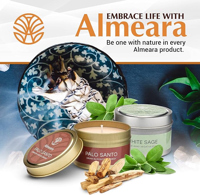 Almeara 2 in 1 Candle Combo - Sage and Palo Santo Set - 2x 3.7oz - Long Lasting |+40hr burn time |100% Soy Wax -Paraffin Free Candle For Cleansing House-Gift Box Ready-Relax and Restore The Body&Mind