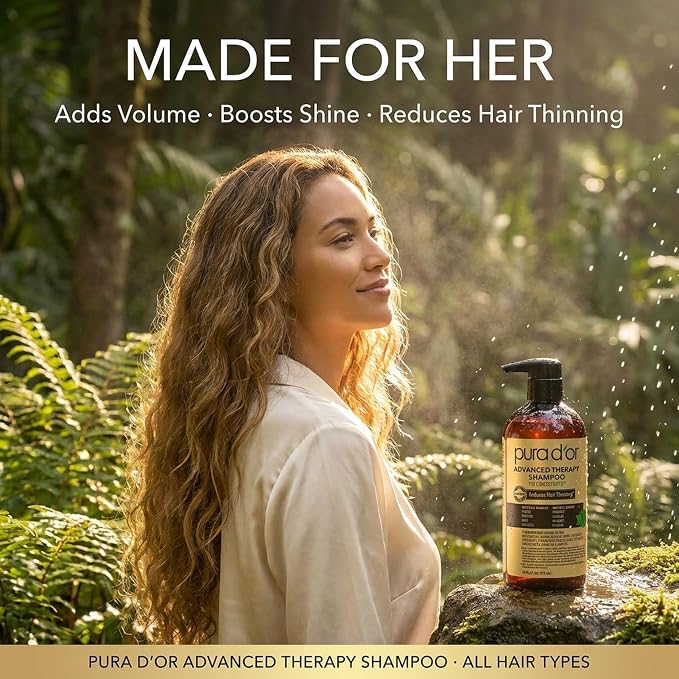 PURA D'OR Advanced Therapy Shampoo Reduces Hair Thinning & Increases Volume, No SLS, Biotin Shampoo Infused w/Argan Oil, Aloe Vera for All Hair Types, Men & Women, Invigorating Forest Scent 16 Fl Oz