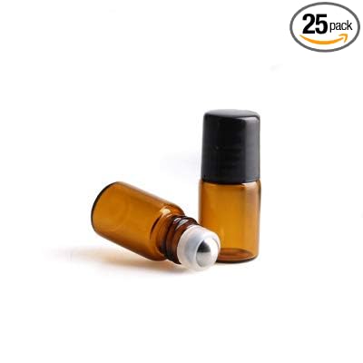 25 Pack Amber Glass Roll On Bottles for Essential Oils,Empty Glass Vial with Stainless Steel Roller Balls Perfume Aromatherapy Travel Roll On Container Lip Gloss (2ml)