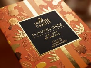 Pumpkin Spice Candle; 9.7 oz:, 55 Hrs Burn Time, Soy Wax Orange Frosted Jar with Crackling Wooden Wick & Luxury Gift Box: Pumpkin Spice Scented Candle by Spotless Candles