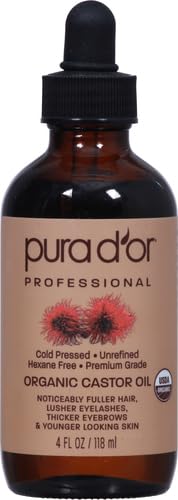 PURA D'OR 4 Oz Organic Castor Oil – Pure Cold-Pressed, Hexane-Free, USDA Certified – Lashes, Brows, Hair, Scalp, Skin-Moisturizer Supporting Softness, Strength, Hydration, Shine & Radiance,(Pack of 2)