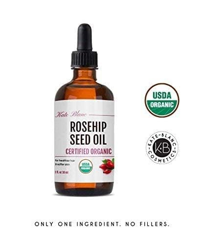 Kate Blanc Cosmetics Rosehip Seed Oil for Face, 100% Pure Organic | Cold Pressed Unrefined Rose Hip Facial Oil for Skin, Hair & Gua Sha Massage (1oz)