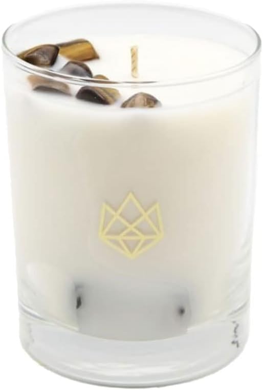 Tiger Eye Crystal Infused Luxury Glass Jar Candle, 14.5 OZ, Strength - Scents of Cedarwood, Amber, & Sage - Power, Courage, & Expansion - Coconut Wax, Meditation, Yoga, Metaphysical