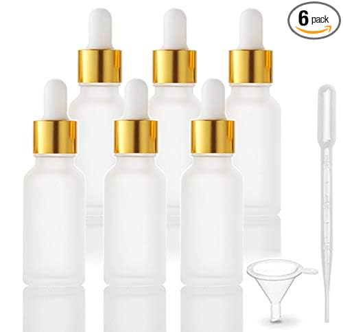 6 Pack Dropper Bottle for Essential Oils, Empty Liquid Holder With Glass Eye Dropper, Golden Caps Travel Perfume Cosmetic Container - Pipette & Funnel Included (15ml/0.5 fl oz)