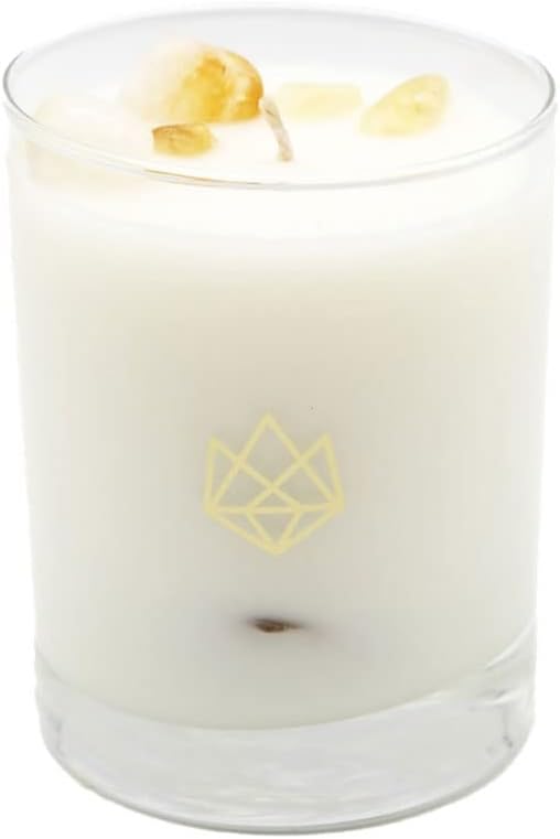 Luxury Glass Jar Candle, 14.5 OZ, Recharge - Citrine Crystal Infused - Scents of Lemongrass, Geranium, and Basil - Happiness, Manifestation, & Abundance - Coconut Wax, Essential Oils