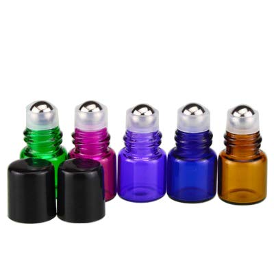 25 Pack 1ml (1/4 Dram) Colorful Glass Roll On Glass Bottles for Essential Oils,Empty Glass Vial with Stainless Steel Roller Balls Perfume Aromatherapy Travel Roll On Container-5 Color Options (Red)