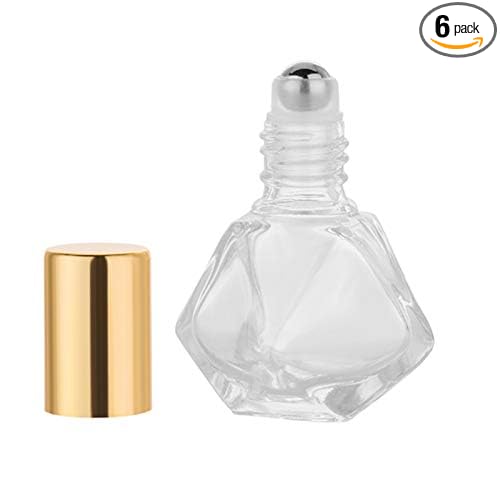 6Pcs 5ml (1/6 oz) DIY Travel Essential Oil Roller Bottle Polygonal Clear Glass Cosmetic Contaners Vials for Essential Oils Perfumes Aromatherapy, 1pc Funnel and Dropper, Roll on Bottles with Gold Cap