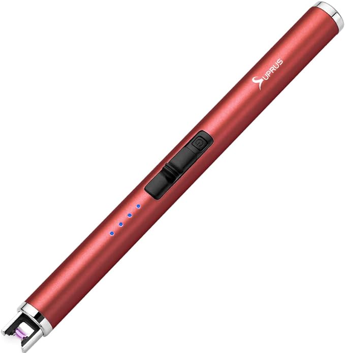 SUPRUS Electric Lighter Candle Type C Rechargeable Lighter with Upgraded LED Battery Display Safety Switch Flameless Plasma Windproof for Candle Cooking BBQs Fireworks Gift(Red)