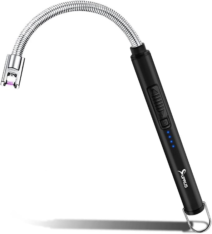 SUPRUS Electric Candle Lighter USB Type C Rechargeable Lighter Steel Shell & Hanging Hook with 360° Flexible Neck (Black)