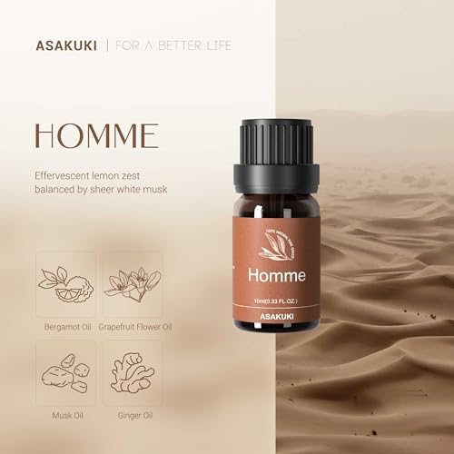 ASAKUKI Diffuser Oil Set – 500ml Oil Diffuser with 6 Masculine Essential Oils – Dark Cologne, Tobacco Vanilla, Vetiver, More – for Home, Office, Gift