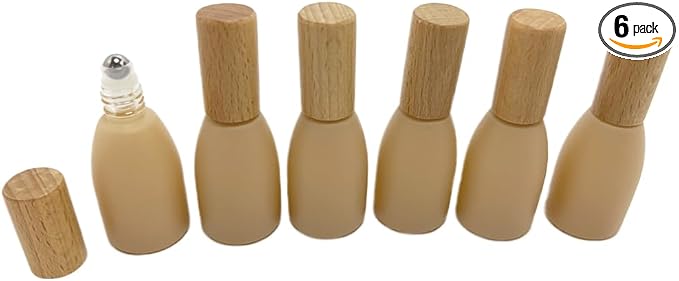 6Pcs 12ml/0.4 oz Glass Roll On Bottle with Bamboo Lid for Essential Oils,Empty Refillable Roller Bottles for Perfume Sample with Stainless Steel Roller Ball,Travel Containers(Pink)