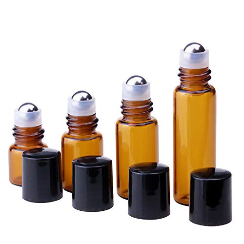 25 Pack Amber Glass Roll On Bottles for Essential Oils,Empty Glass Vial with Stainless Steel Roller Balls Perfume Aromatherapy Travel Roll On Container Lip Gloss (2ml)