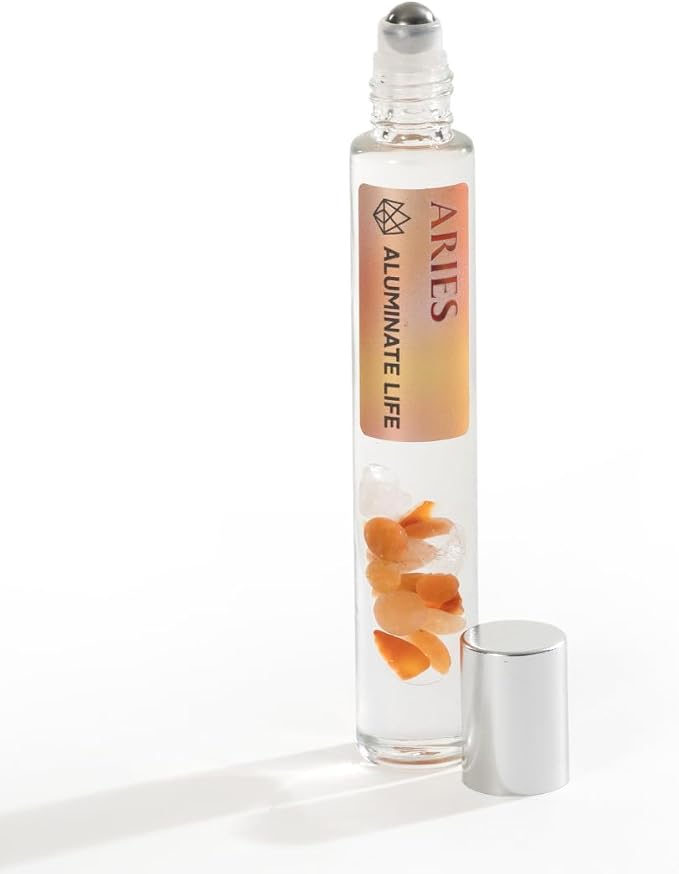 Aries Zodiac Crystal-Infused Essential Oil Rollerball, Aromatherapy Blend - Focus & Motivation, Premium Astrology Sign Birthday Gift, Natural Therapeutic Roller, 10 mL