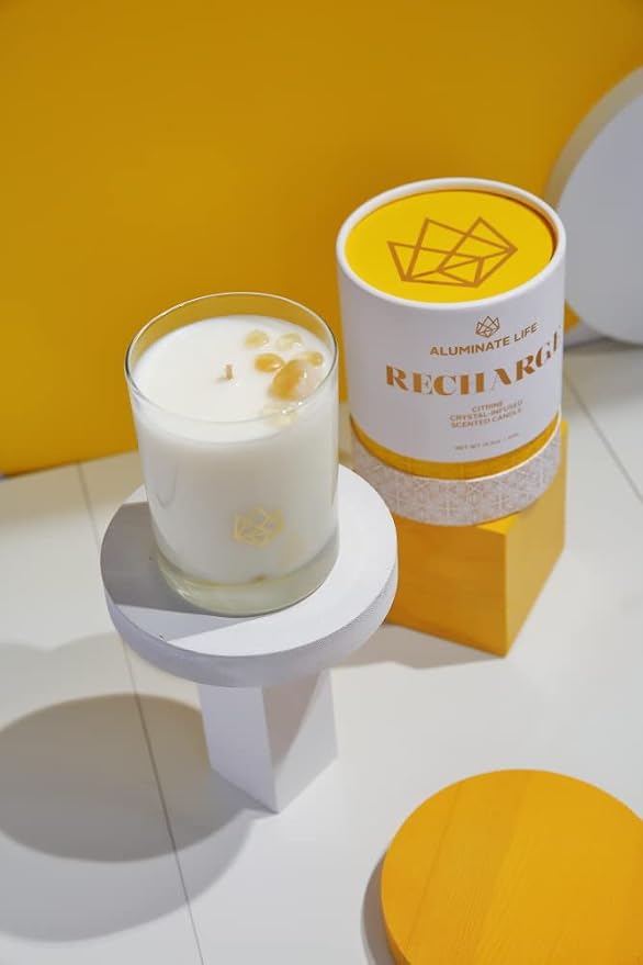 Luxury Glass Jar Candle, 14.5 OZ, Recharge - Citrine Crystal Infused - Scents of Lemongrass, Geranium, and Basil - Happiness, Manifestation, & Abundance - Coconut Wax, Essential Oils