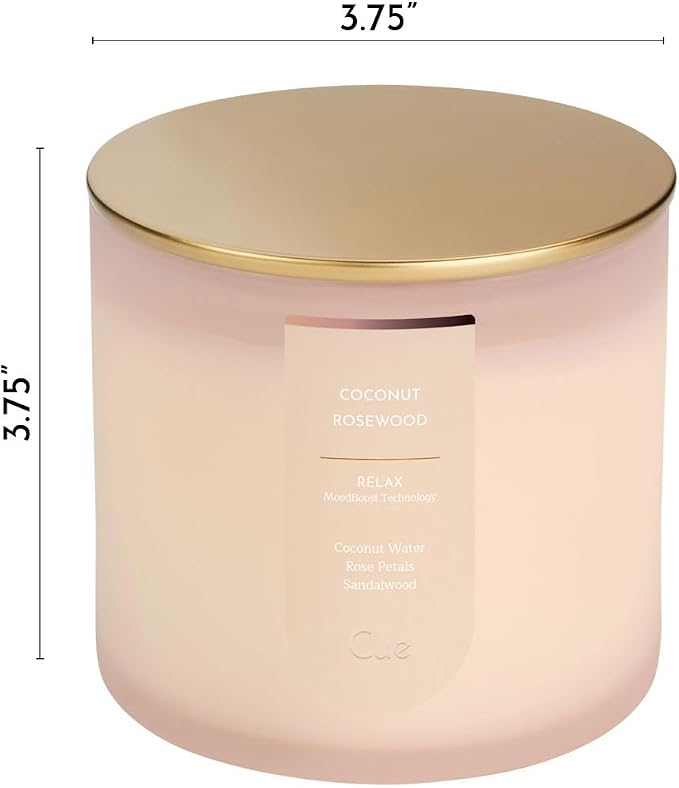 CUE Scented Candle |MoodBoost Essential Oils |OpenWick Clean Burning Candle | Soy Coconut Wax Blend | for Home | Mother's Day Candle Gift |Extended Burn Time (14oz, Coconut Rosewood)