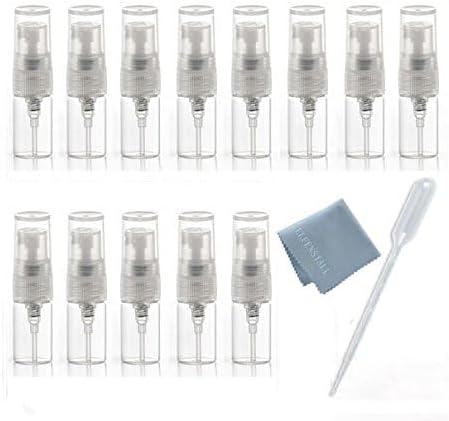 Elfenstall- 10pcs Mini Clear 2ml 5/8 Dram Fine Mist Atomizer Vial Glass Bottle Spray Refillable Perfume Empty Sample Bottle Clean Cloth for Travel Party Free 3ML Dropper