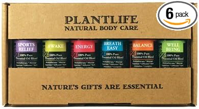 Plantlife Be Well Gift Set 6-Pack (Breathe Easy, Well Being, Sport Relief, Energy, Balance, and Awake) Aromatherapy Essential Oil Set - No Additives or Fillers - Made in California 10 ml