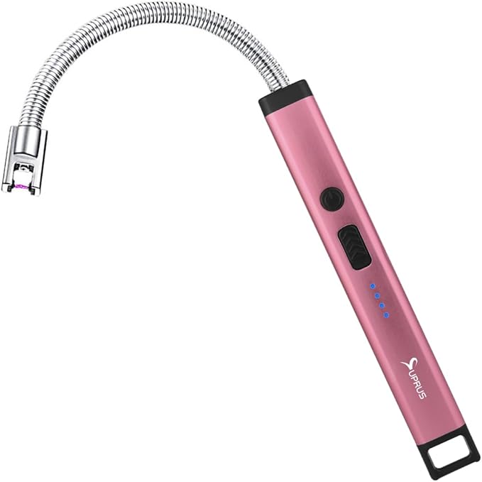 SUPRUS Rechargeable Candle Lighter Electric Arc Triple Safety Long Lighter Stainless Steel Shell & Hanging Hook (Pink)