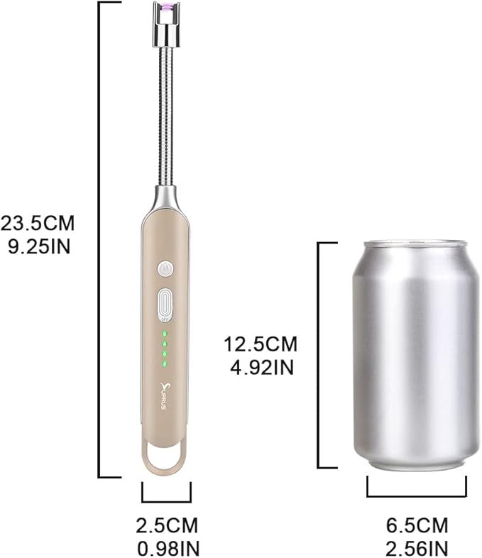 SUPRUS Electric Rechargeable Arc Lighter with LED Battery Display Long Flexible Neck USB Lighter for Candle Cooking (Champagne)