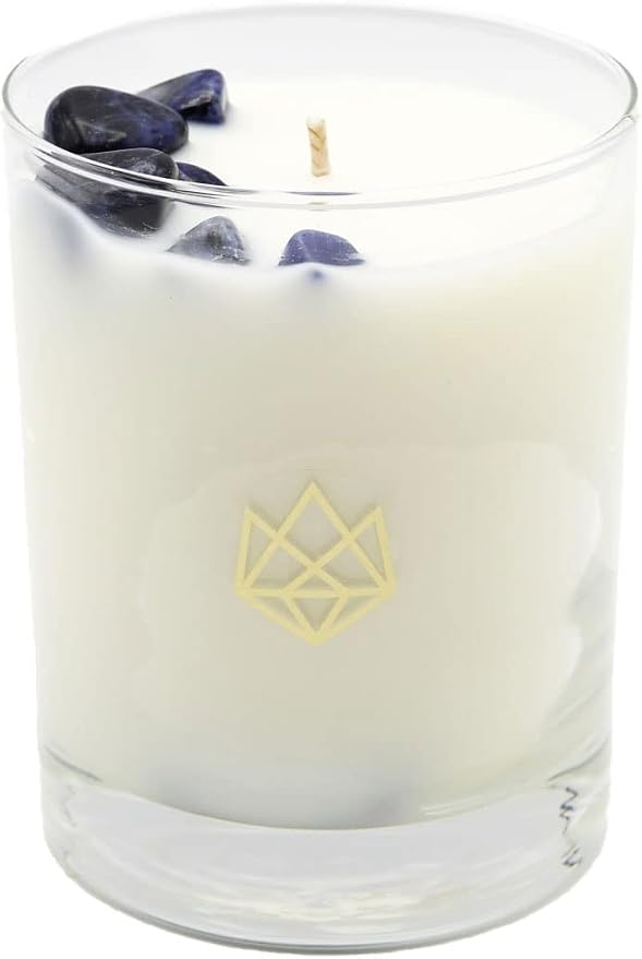 Luxury Glass Jar Candle, 14.5 OZ, Calm - Sodalite Healing Crystal Infused - Scents of Chamomile, Howood, & Sage - Destress, Insight, Serenity, & Peace - Coconut Wax, Essential Oils