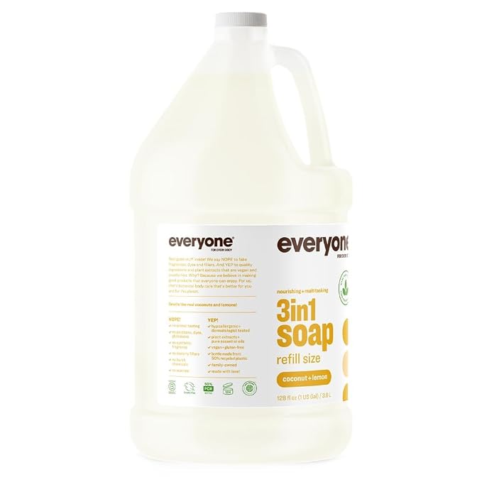 Everyone 3-in-1 Soap, Body Wash, Bubble Bath, Shampoo, 1 Gallon, Coconut and Lemon, made with Essential Oils for Men and Women