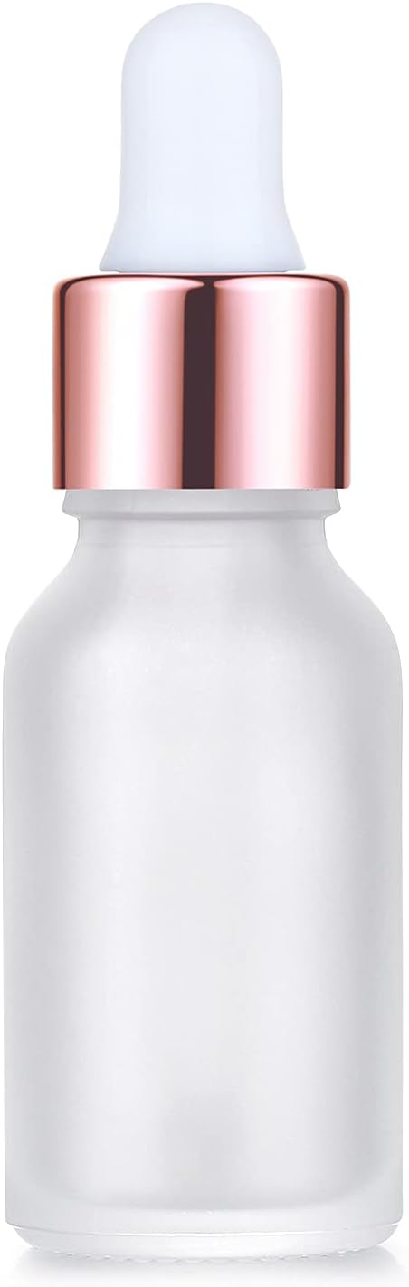 12 Pack, 0.5 Oz Matte Glass Dropper Bottle, Empty Frosted Essential Oil Bottle Holder With Glass Eye Dropper, Rose-Golden Caps Perfume Travel Vial Container - Pipette, Stickers, Funnel Included
