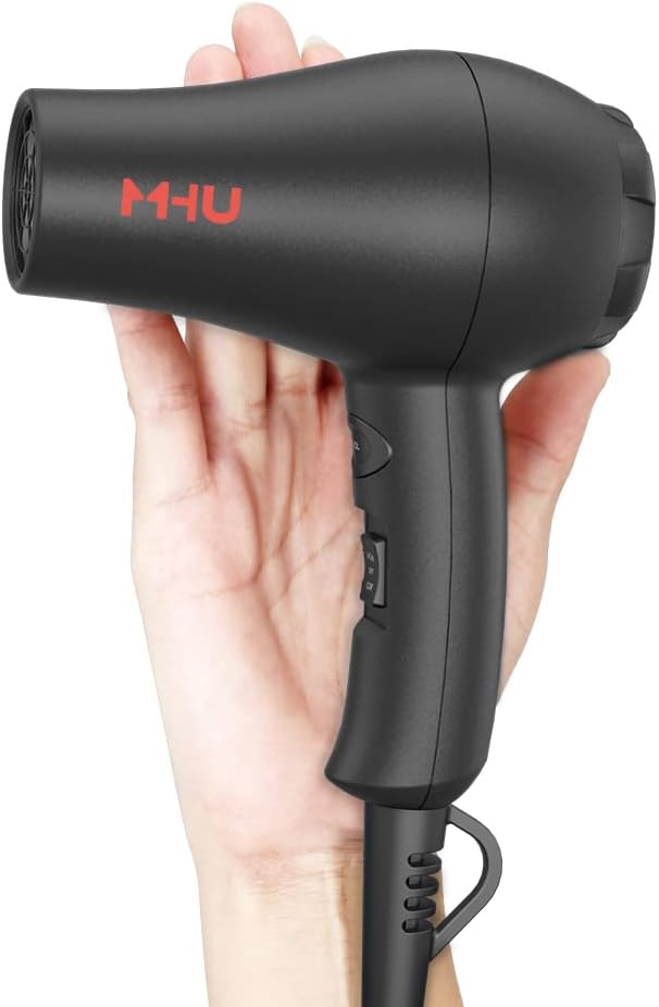 Travel Mini Hair Dryer Ceramic Ionic 1000 Watts Blow Dryer for RV Lightweight 2 Speed Settings with a Concentrator, Black
