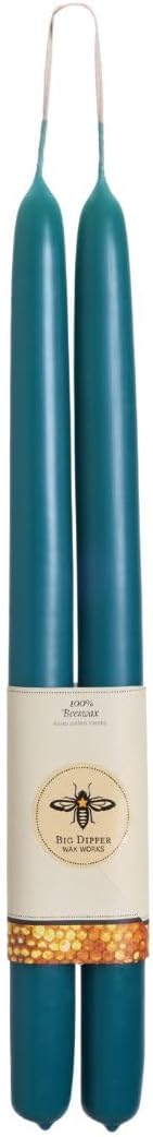 Big Dipper Wax Works Teal Blue Hand-Dipped Beeswax Taper Candles – 12” x 7/8”, 2-Pack, 100% Pure Beeswax, Long Burning, Clean, Cotton Wick, Handmade in USA, Home Décor & Wedding Candles