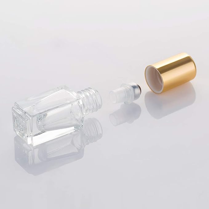 3ml Square Glass Roller Bottle For Essential Oils,Mini Glass Bottles With Stainless Steel Roller Balls,Gold Aluminum Caps Portable Roll-On Vial Aromatherapy Perfume Container-10 Pack