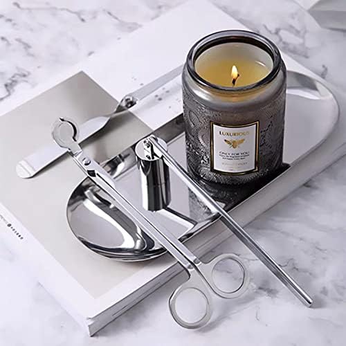 MUXSAM 4 in 1 Candle Accessory Set - Candle Wick Snuffer, Candle Wick Trimmer, Candle Wick Dipper, Storage Tray Plate, Candle Care Tools Kit Gifts for Scented Candle Aromatherapy Lovers - Silver