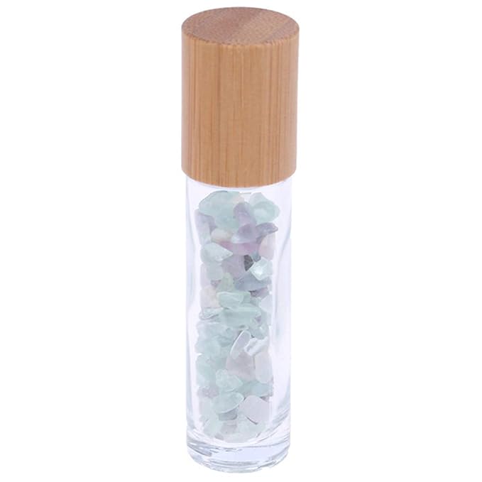 5 Pack 10ml Clear Roll On Bottles With Natural Chakra Crystal Chips for Essential Oils,Perfume Glass Roller Bottles Container Bamboo Lid,Crystal Roller,Pipette&Opener Included (Fluorite)