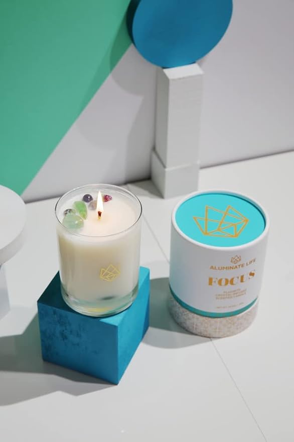 Luxury Glass Jar Candle, 14.5 OZ, Focus - Fluorite Crystal Infused - Scents of Orange, Ginger, Ylang-ylang, & Lavender - Awareness, Mental Order, & Clarity - Coconut Wax Blend
