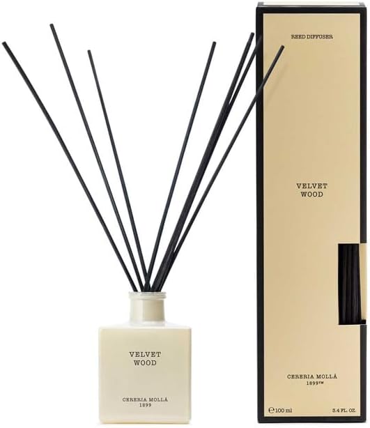 Mikado Boutique Reed Diffuser | All-Natural Essential Oil Fragrance | Includes Rattan Sticks | Refillable (3.4 FL OZ, Velvet Wood)