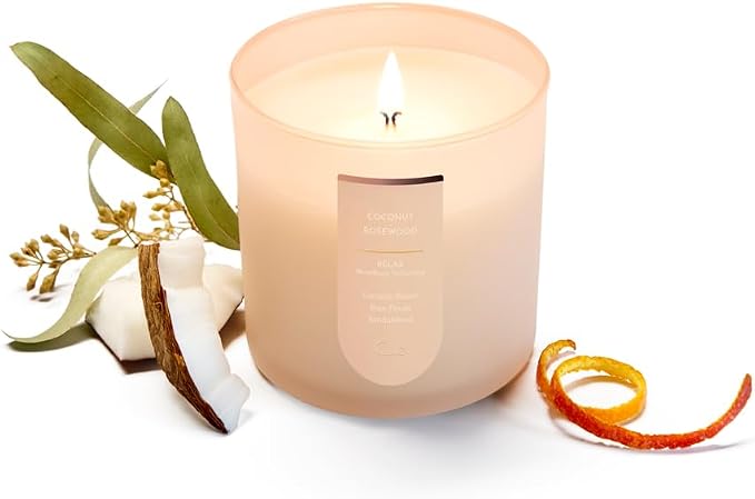 CUE Scented Candle |MoodBoost Essential Oils |OpenWick Clean Burning Candle | Soy Coconut Wax Blend | for Home | Mother's Day Candle Gift |Extended Burn Time (8.5oz, Coconut Rosewood)