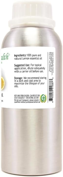 GreenHealth Lemon Essential Oil 8 fl oz (237 ml) – 100% Pure – Aluminum Bottle w/Plug Cap – Fresh Citrus Aroma for Diffusers, Candle & Soap Making, DIY Crafts