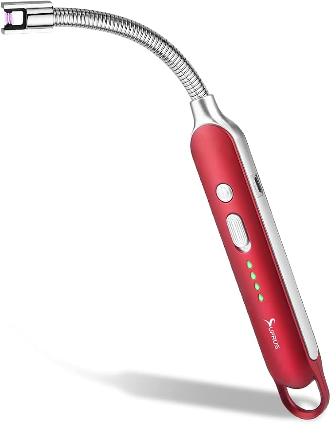 SUPRUS Electric Rechargeable Arc Lighter with LED Battery Display Long Flexible Neck USB Lighter for Candle Cooking (Red)