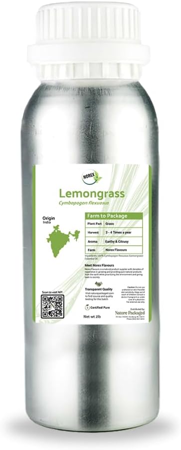Lemongrass Essential Oil - Natural Aceite de Hierba Limón from Norex Flavours India - Lemongrass Essential Oils for Hair, Aromatherapy and Massage - 2lbs