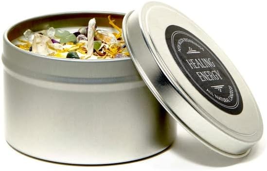 New Moon Beginnings Healing Energy Candle - Negative Energy Cleansing - Soy Aromatherapy - Handmade with Crystals & Herbs - 8oz Tin