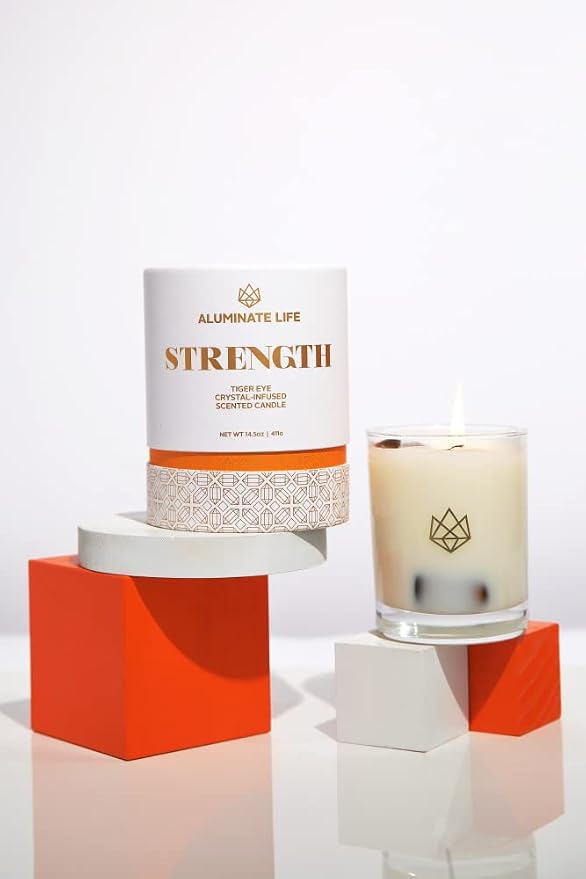 Tiger Eye Crystal Infused Luxury Glass Jar Candle, 14.5 OZ, Strength - Scents of Cedarwood, Amber, & Sage - Power, Courage, & Expansion - Coconut Wax, Meditation, Yoga, Metaphysical