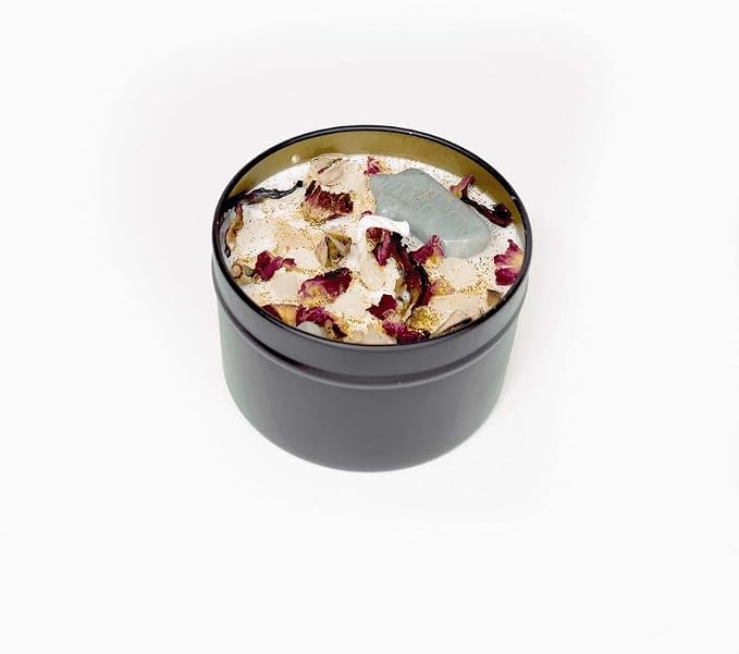 BlkGrlMagick Rose Quartz Self Love Manifestation Crystal Candle, Sea Salt and Orchid Scented Amazonite,Rose Petals, Hibiscus, Organic Soy Candles, Handmade, Black Owned Spiritual Gifts (16oz Jar)