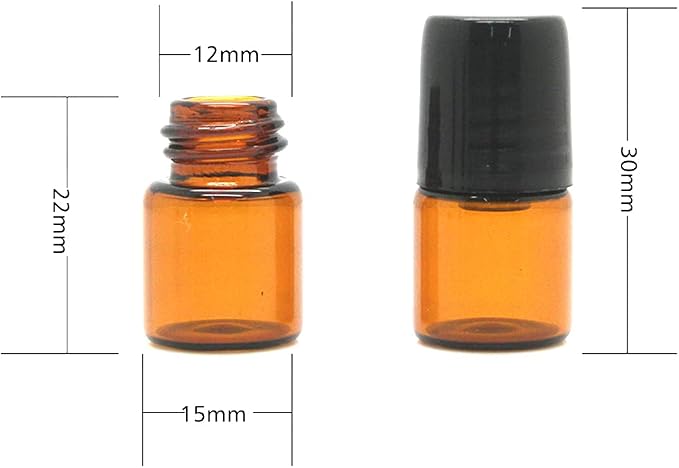 Furnido 25 Pack 1ml Amber Glass Roll on Bottle For Essential Oils,Perfume Vial with Stainless Steel Roller Ball,Black Caps Mini Sample Vials Cosmetics Small Container