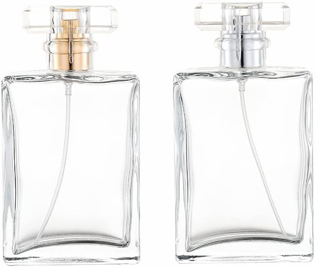 2 Pack Clear Glass Perfume Atomizer,100ml Empty Refillable Spray Bottle for Men and Women,Portable Fragrance Fine Mist Spray Bottle Perfume Dispenser for Travel (Gold+Silver)